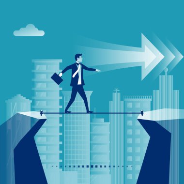 İş riski ip. İp üstünde arka plan büyük modern şehir üzerinde yürüyen bir iş adamı. Başarı için yol. Vektör düz tasarımı. Başarı iş kavramı. Cesaret, motivasyon iş şablon simgesi.