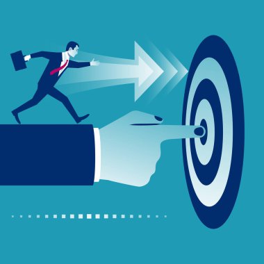 İşadamı hedefi işaret ediyor. Ortak bir hedefe ulaşmak için takım çalışması. Başarılı kişi bir hedefe doğru ilerliyor. Vektör çizimi düz tasarım. Hevesli insanlar. Meydan okuma hedefe ulaşır.