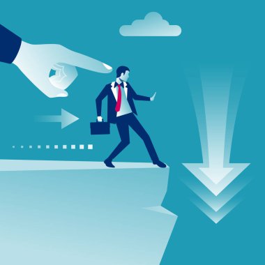 Big hand of leader pushes subordinate employee into abyss. Standing on cliff. Danger of falling into abyss. Business challenge concept. Vector illustration flat design. Isolated on background.