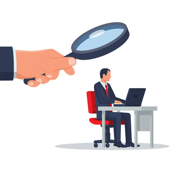 Boss Watching Employee Hand Holding Big Magnifying Glass Corporate Control — Stock Vector