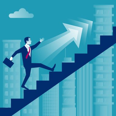 Businessman is climbing career ladder on background of a big city. Concept development. Vector illustration flat design. Step by step. Human in a suit with a briefcase runs down stairs.