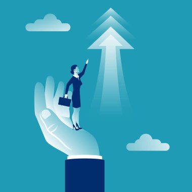 Empowerment concept. A big male hand raises a miniature woman up. The struggle for the rights and freedom of female. Vector illustration flat design. Isolated on background.