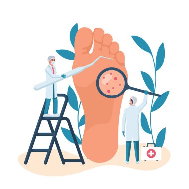 Podiatry concept. Landing Page feet treatment. Doctors podiatrists inspect and treat the feet. Pathology and Illness treatment. Clinic podology. Vector illustration flat design.