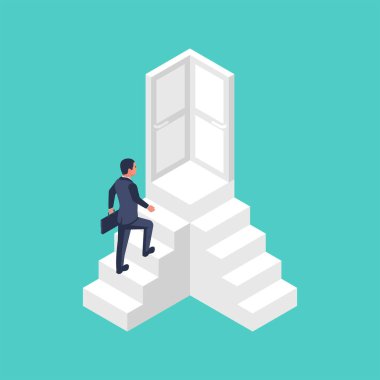 Direction way concept. Choice of a businessman. Which path to choose. Lots of stairs and doors. Unknown to come. Decision business metaphor. Vector flat style design. Isolated on background.