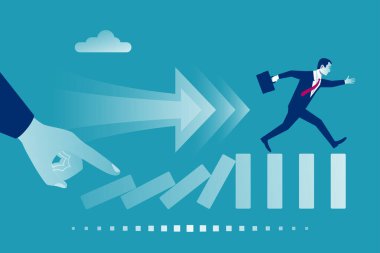 Business crisis concept. Hand pushes dominoes, businessman runs away from falling effect. Human running forward. Vector illustration flat design. Isolated on background. Failed business.