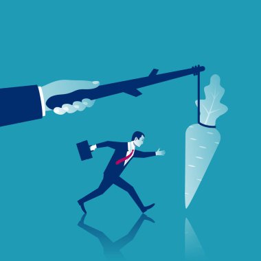 Teşvik kavramı. İş metafor. Personel yönetimi liderlik. İnsanları motive. Büyük el havuç sopa, yem olarak çalışan işadamı tutar. Vektör çizim düz tasarımı. Çekmek kazanmak. 