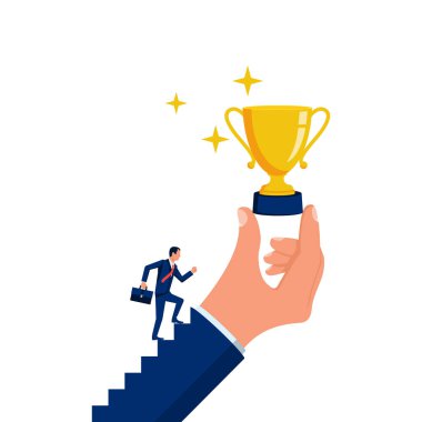 Businessman runs to the award. Motivation for success. The concept of successful people. Vector illustration flat design. Isolated on white background. Victory Cup in the hand.