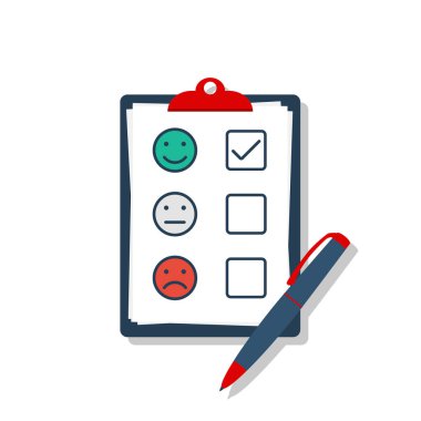 Survey concept. Poll opinion survey. Checklist in clipboard. Questionnaire cartoon style. Vector illustration flat design. Isolated on white background