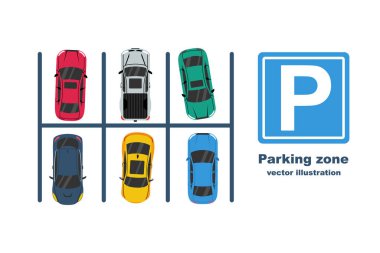 Parking zone. City parking. City infrastructure. Top view of cars and parking lots. Place for vehicle. Vector illustration flat design. Isolated on white background. Urban area.