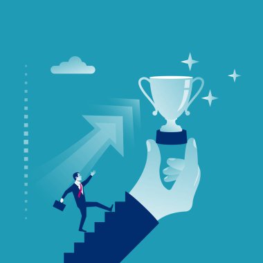 Businessman runs to the award. Motivation for success. The concept of successful people. Vector illustration flat design. Isolated on white background. Victory Cup in the hand.