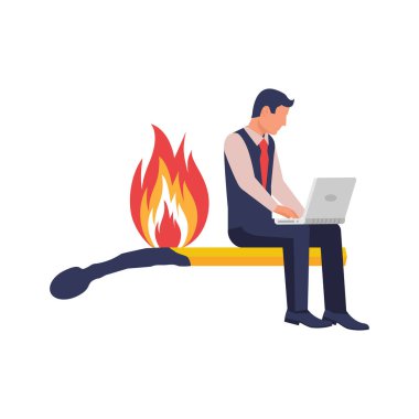 Burning work. Rush job. A businessman sitting on a burning match. Symbol of the deadline. Finish the work on time. Vector illustration flat design. Isolated on white background. 