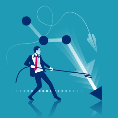 Grafik azaltın. İşadamı kar iş grafiği ver. Mali stok ticaret piyasa diyagramı. Vektör çizim düz tasarımı. Beyaz arka plan üzerinde izole. Grafik azalan. Aşağı inen ok.