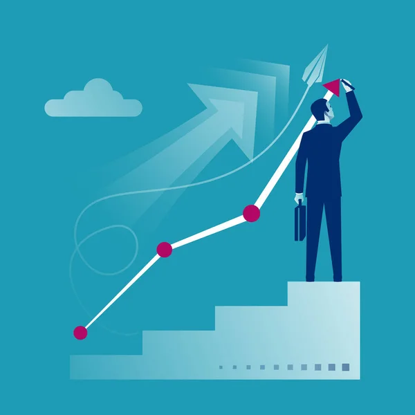 Career Planning Businessman Draws Graph Growth Standing Stairs Steps Concept —  Vetores de Stock