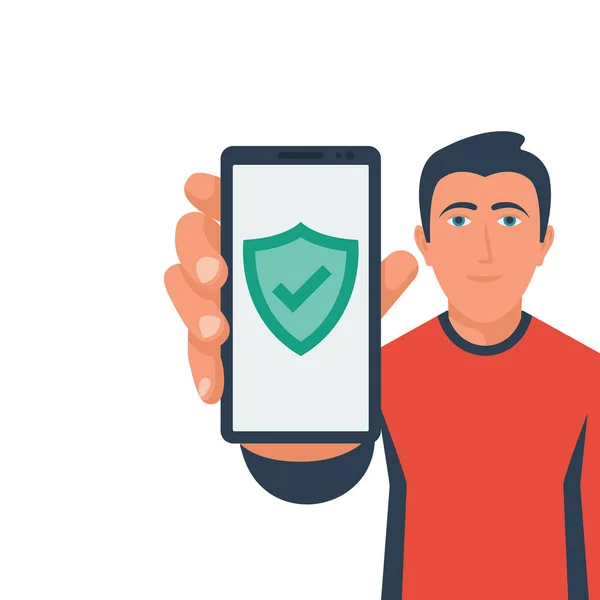 Phone Safety Personal Data Hand Holds Smartphone Green Shield Smartphone — Stockový vektor