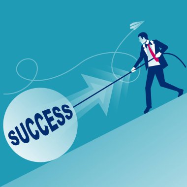 Achieve success. A difficult way on the path to success. The businessman goes to the goal and pulls a big stone. Vector illustration flat design. Isolated on background.