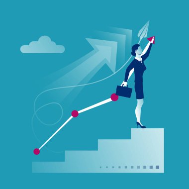 Career planning. Businesswoman graph of growth standing at stairs steps. Concept of career growth. Vector illustration flat design. Isolated on background