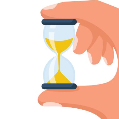 Hourglass flat icon. Holding the hourglass in the hand. Vector illustration cartoon design. Time management control. Isolated on white background.