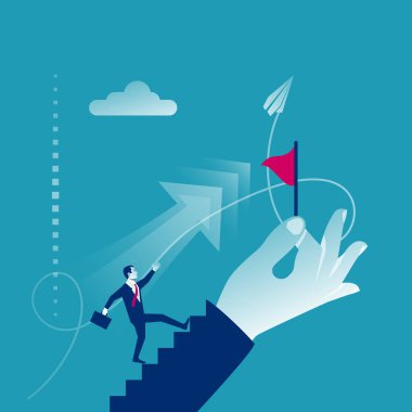 Businessman runs to achieve goal. Motivation for success. Concept of successful people. Flag in hands. Symbol of success and perseverance. Vector illustration flat design. Isolated on background. 