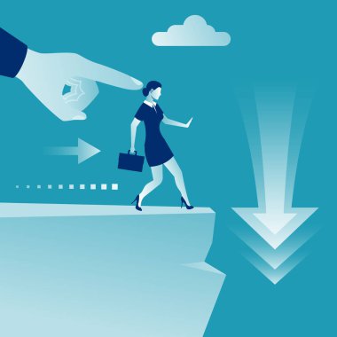 Adam bir iş kadınını uçurumla itiyor. Liderlerinin büyük eli, astlarını dipsiz kuyuya iter. Uçurumun kenarında duruyor. Uçuruma düşme tehlikesi. İş meydan okuma konsepti. Vektör düz tasarımı.