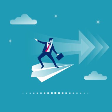 Aspirational business. Leadership, concept of vision, mission ambitions. Path to success. Man with briefcase in hand flies on paper plane. Vector illustration flat design. 