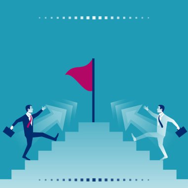 Competition for victory concept. Business people. Vector illustration flat design. Businessmen run upstairs to victory. Competition way to success. Flag as a symbol of achieving the goal.