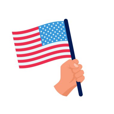 Amerikan bayrağı üzerinde arka izole tutan el. ABD bayrağı. Vektör çizim düz tasarım stili. Temmuz dördüncü Bağımsızlık günü. 4 Temmuz Mutlu Bağımsızlık günü Amerika Birleşik Devletleri.