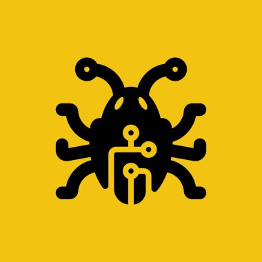 Devre böceği simgesi. Siber güvenlik korsanı bileşimi. Teknolojik gelecekçi Örümcek. Rootkit işareti. Basit bir illüstrasyon. Dijital verilerin güvenliği ve korunması. Vektör çizimi düz tasarım. Siyah simge.