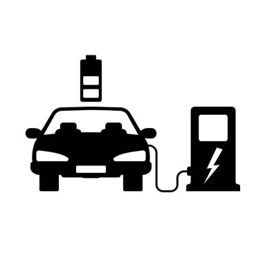 Siyah ikon araba şarj aleti. İstasyonda yakıt ikmali. Çevre taşımacılığı. Vektör çizimi düz tasarım. Beyaz arka planda izole edilmiş. Modern elektrikli arabalar. Enerji araçları. Araç çizgi film biçimi.