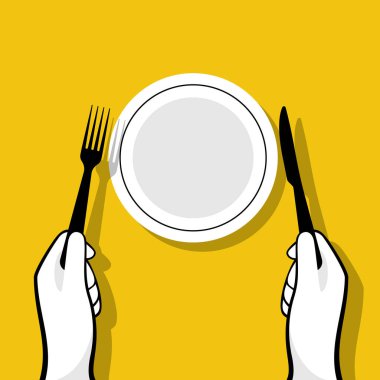 Çatal bıçaklı adam. Boş bir tabakla masada oturmak. Tasarım şablonu. Konsepti yemeye hazır. Grup katmanları. Üst Manzara. Vektör illüstrasyon düz stil. Arkaplanda izole.