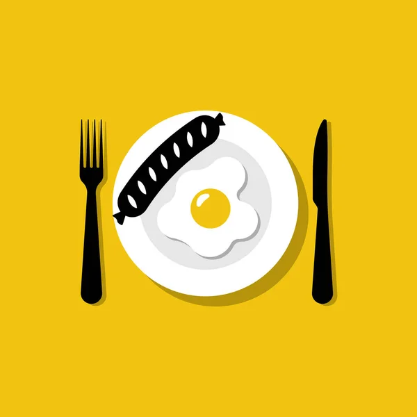 卵とソーセージを食べる 皿の上の卵 テーブルの上のフォークとナイフ 健康的なタンパク質食品 朝食用のオムレツ 有機食品 ベクトルイラストフラットデザイン 背景に隔離された — ストックベクタ
