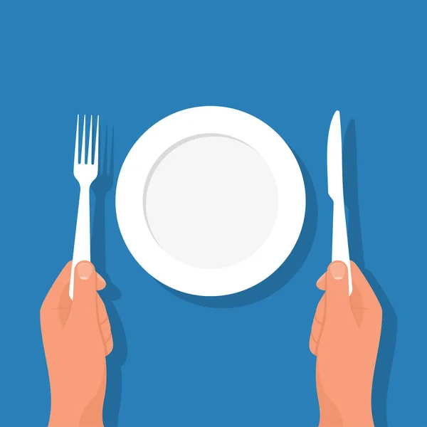 Fork Knife Hand Man Sitting Table Empty Plate Template Design — Stock Vector