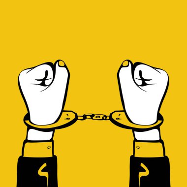 Elleri kelepçeli eskiz stili. Hapiste insan var. Mahkum konsepti. Vektör illüstrasyon çizgi film tasarımı. Bir kişiyi tutuklamak. Beyaz arka planda izole edilmiş. Suçlu parmaklıklar ardında.