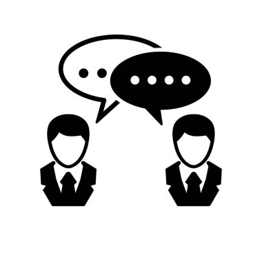Konuşan insanlar ikonu. Web sitesi, uygulama ve kullanıcı arayüzü tasarımı için kullanılabilir. İş adamlarının diyaloğu. Baloncukların şablonu. Vektör çizimi düz tasarım. Beyaz arkaplanda izole.
