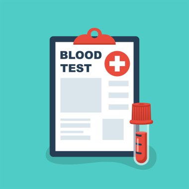 Kan testi ikonu. Vektör çizimi düz tasarım. Arka planda izole edilmiş. Test tüpünde kan örneği, şırınga ve araştırma sonuçlarıyla birlikte pano. Analiz için tıbbi laboratuvar ekipmanları.
