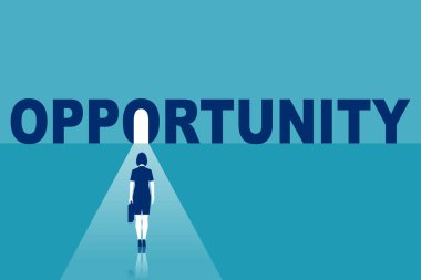 Fırsat kavramı. İş kadını büyük fırsatlarla karşı karşıya. Yeni bir yolun başlangıcı. Kapıdan gelen ışık. Parlak gelecek. Vektör düz tasarımı.