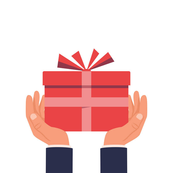 Подарок в руке. Мужчина держит в руках подарочную коробку. Красная лента и лук. Сюрприз. Изолированный на белом фоне. Векторная иллюстрация.