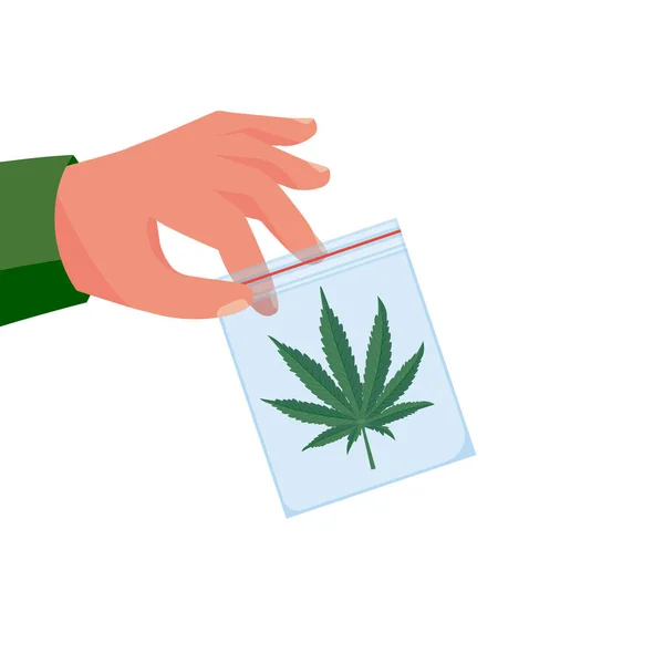 Marihuana Een Zak Drug Handen Van Een Man Groene Cannabisbladeren — Stockvector