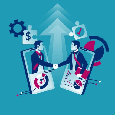 Çevrimiçi anlaşma. İş ortaklığı konsepti. El sıkışan iki iş adamı. B2B çözeltisi. Profesyonel pazarlama. Arkaplanda vektör illüstrasyon düz tasarım. Çözümler için modern teknolojiler.