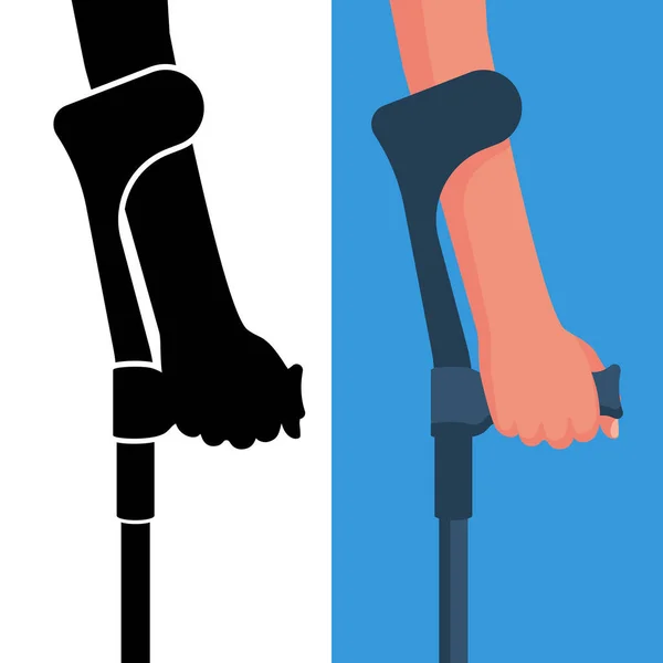 人类的手使用拐杖 设置黑色图标和扁平图标 白色背景上的肘部拐杖 矢量图解卡通设计 为有限制的人士提供帮助 — 图库矢量图片