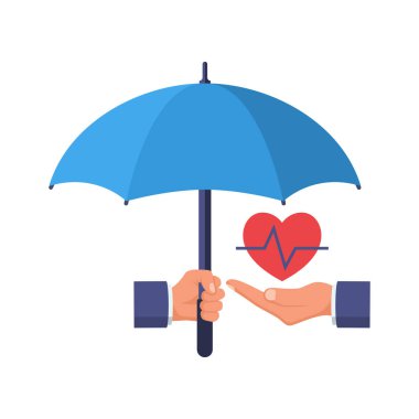 Sağlık sigortası kavramı. Koruma sağlık. Tıbbi bakım. Sağlık kavramı. Kalbi koruyan bir şemsiye tutan doktor. Vektör çizim düz tasarım stili.