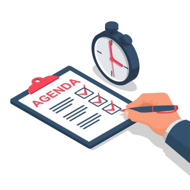Gündem listesi. Vektör çizimi, izometrik tasarım. Adam liste yapmak için panoyu tutuyor. Kontrol listesi. Kontrol saati. Arkaplanda izole.