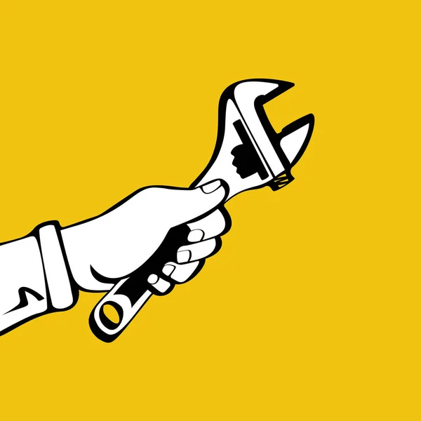 Worker Holding Hand Spanner Isolated White Background Vector Illustration Sketch — 스톡 벡터
