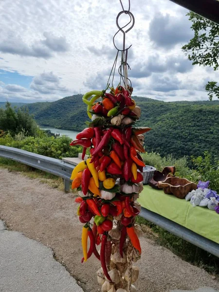 Deniz ve dağların arka planında parlak kırmızı ve beyaz biber demeti 