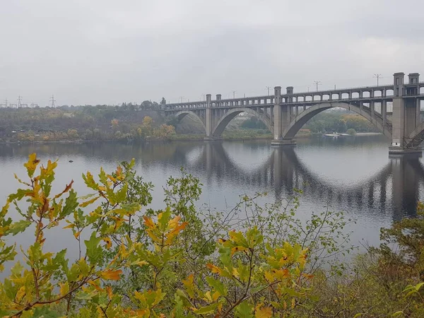  Köprü ve nehir manzarası Ukrayna 'nın Zaporozhye kentindeki Horytsia adasının parkında.
