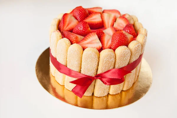 Tiramisu Cake Strawberries Ladyfingers Mascarpone Red Bow Tape Isolated White — Stock Photo, Image