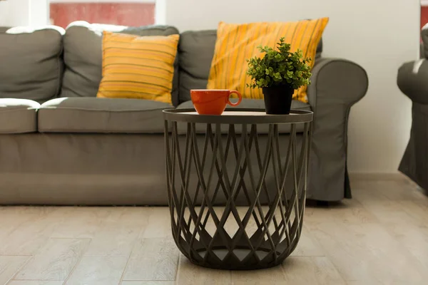 Orange Cup Table Couch Porcelain Mug Aromatic Coffee Background Gray Лицензионные Стоковые Фото