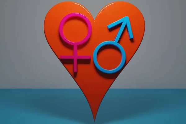 赤いハートの中の男性と女性の性別記号 ロマンチックなハートバレンタインデー 男性と女性のシンボルは性別を示す バレンタインデーの背景 3Dイラスト — ストック写真