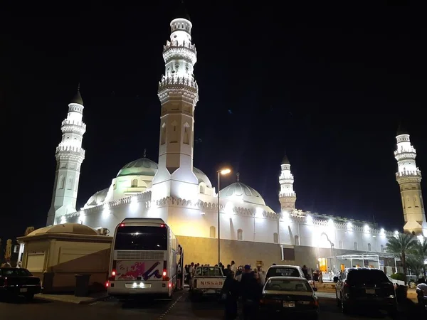 Beautiful View Minarets Dome Quba Mosque Medina Saudi Arabia Night — Stock Photo, Image