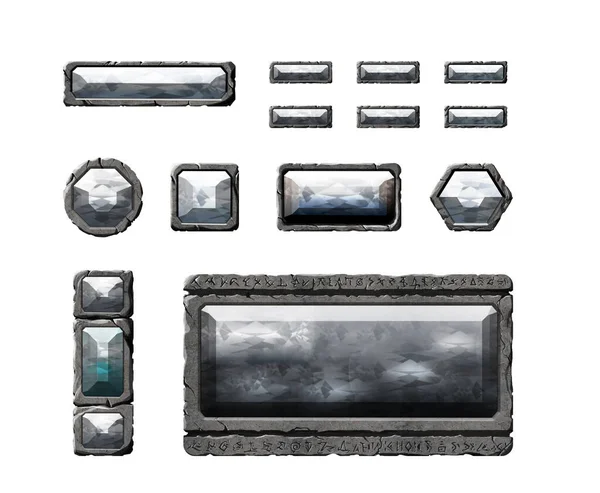 Set Realistic Stone Interface Buttons Fantasy Elements Gems Textured Tablets — 스톡 사진