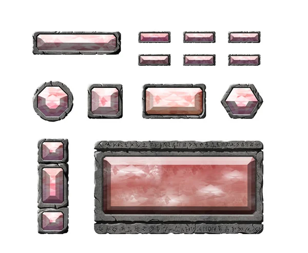 Set Realistic Stone Interface Buttons Fantasy Elements Gems Textured Tablets — Photo